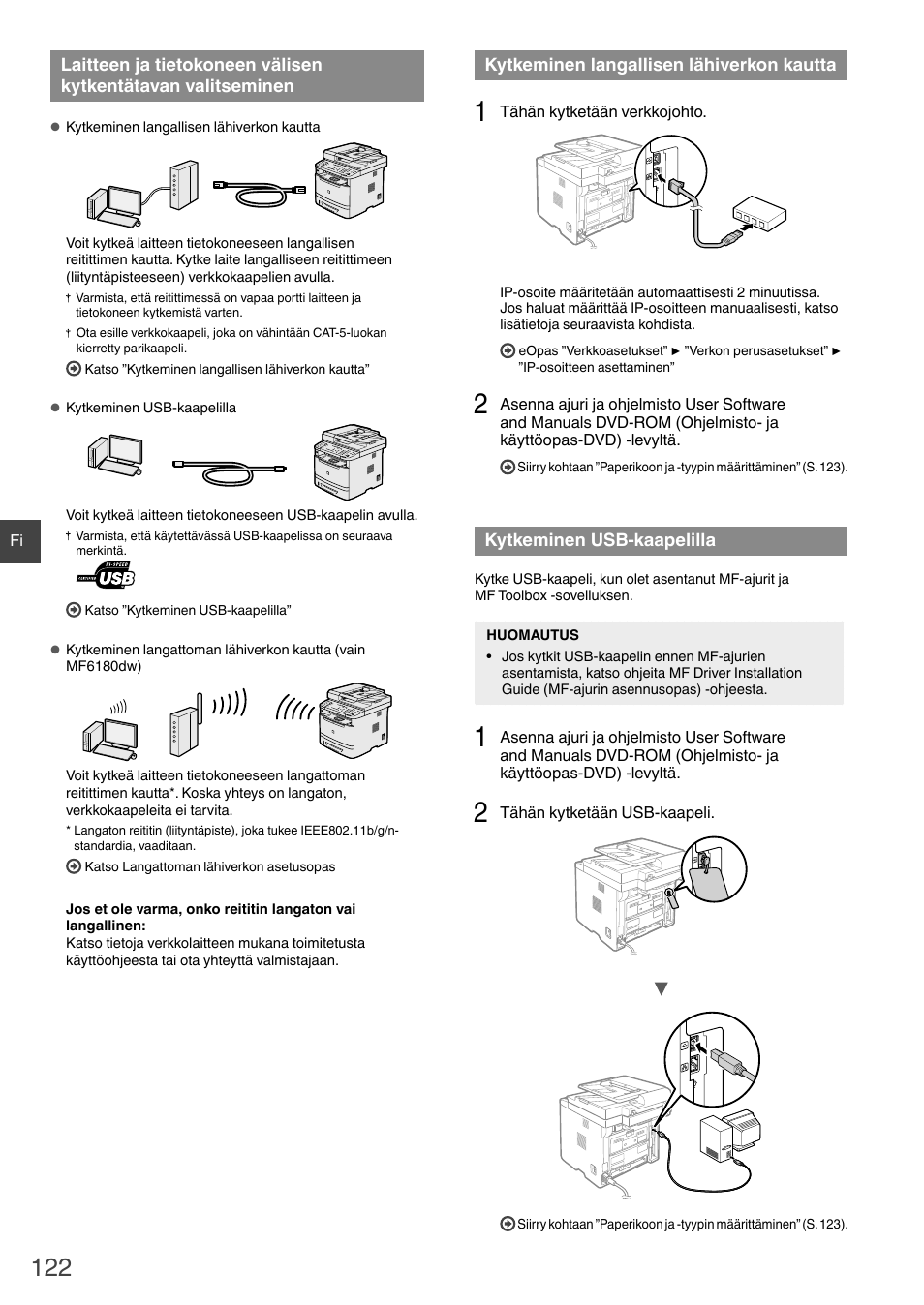 Laitteen ja tietokoneen välisen, Ohtaan ”kytkeminen langallisen lähiverkon kautta, S. 122) | Ohtaan ”kytkeminen usb-kaapelilla” (s. 122) | Canon i-SENSYS MF6180dw User Manual | Page 122 / 292