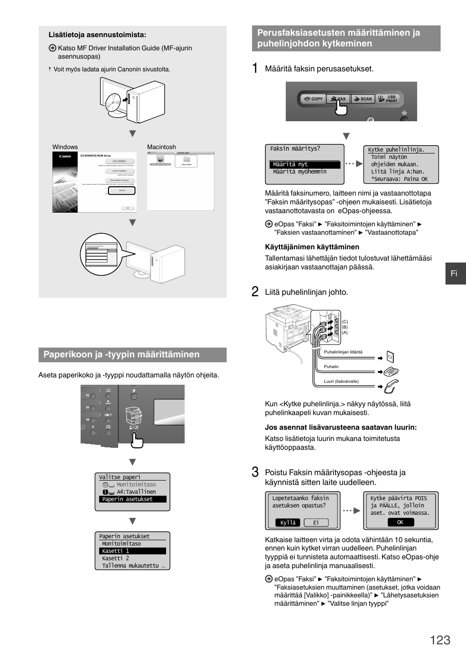 Puhelinjohdon kytkeminen, Paperikoon ja -tyypin määrittäminen | Canon i-SENSYS MF6180dw User Manual | Page 123 / 292