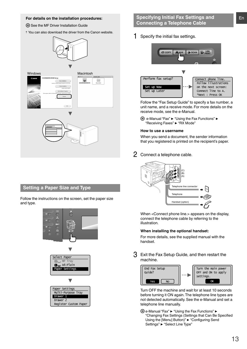 Connecting a telephone cable, Setting a paper size and type | Canon i-SENSYS MF6180dw User Manual | Page 13 / 292