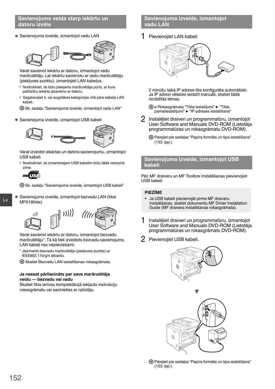 Savienojuma veida starp iekārtu un, Datoru izvēle, Savienojuma izveide, izmantojot | Vadu lan savienojuma izveide, izmantojot, Usb kabeli, Vadu lan” (152. lpp.), Savienojuma izveide, izmantojot usb, Kabeli” (152. lpp.) | Canon i-SENSYS MF6180dw User Manual | Page 152 / 292