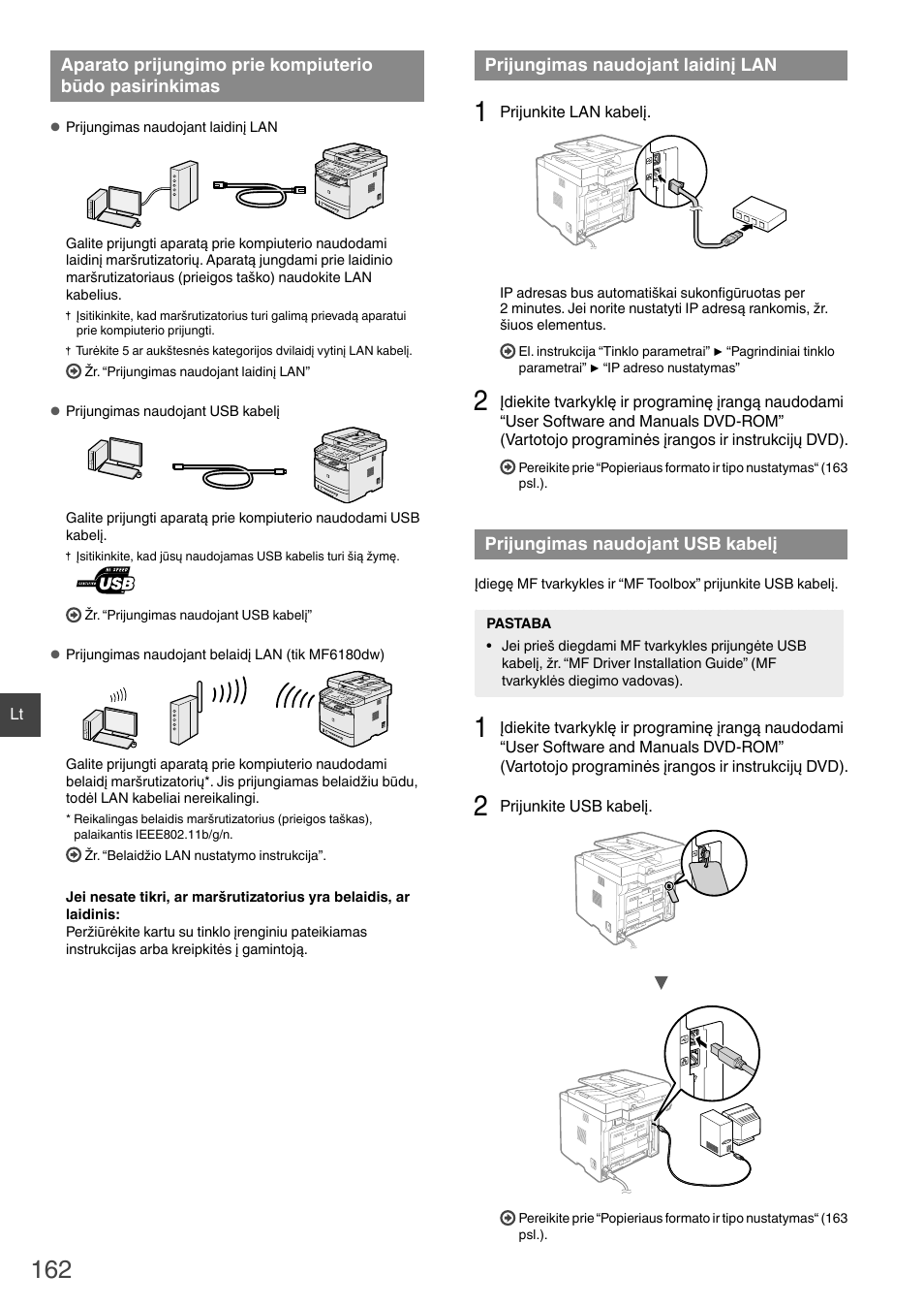 Aparato prijungimo prie kompiuterio būdo, Pasirinkimas prijungimas naudojant laidinį lan, Prijungimas naudojant usb kabelį | Prijungimas naudojant laidinį lan“ (162 psl.), Prijungimas naudojant usb kabelį“ (162 psl.) | Canon i-SENSYS MF6180dw User Manual | Page 162 / 292