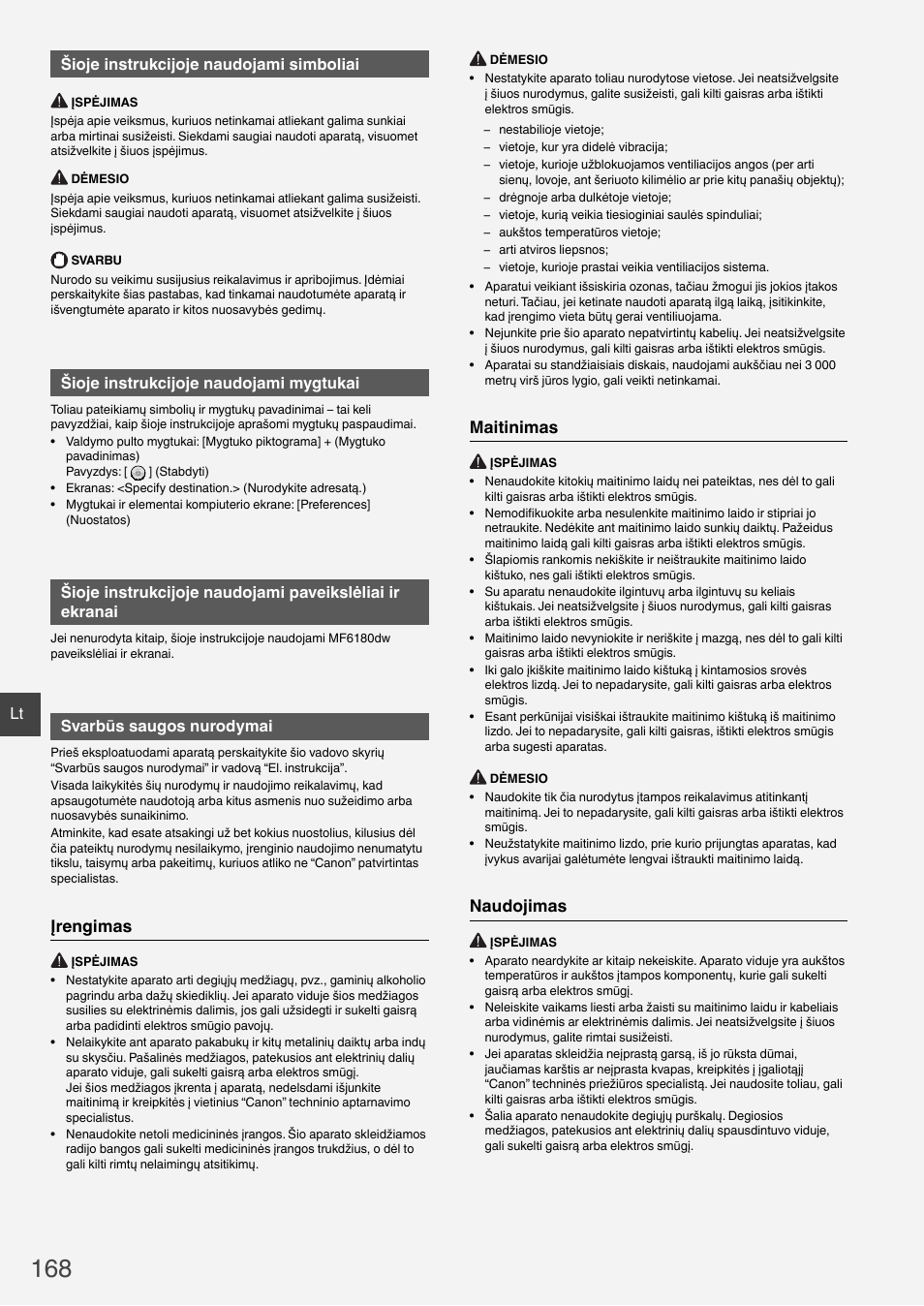 Įrengimas, Maitinimas, Naudojimas | Lt šioje instrukcijoje naudojami simboliai, Šioje instrukcijoje naudojami mygtukai, Svarbūs saugos nurodymai | Canon i-SENSYS MF6180dw User Manual | Page 168 / 292