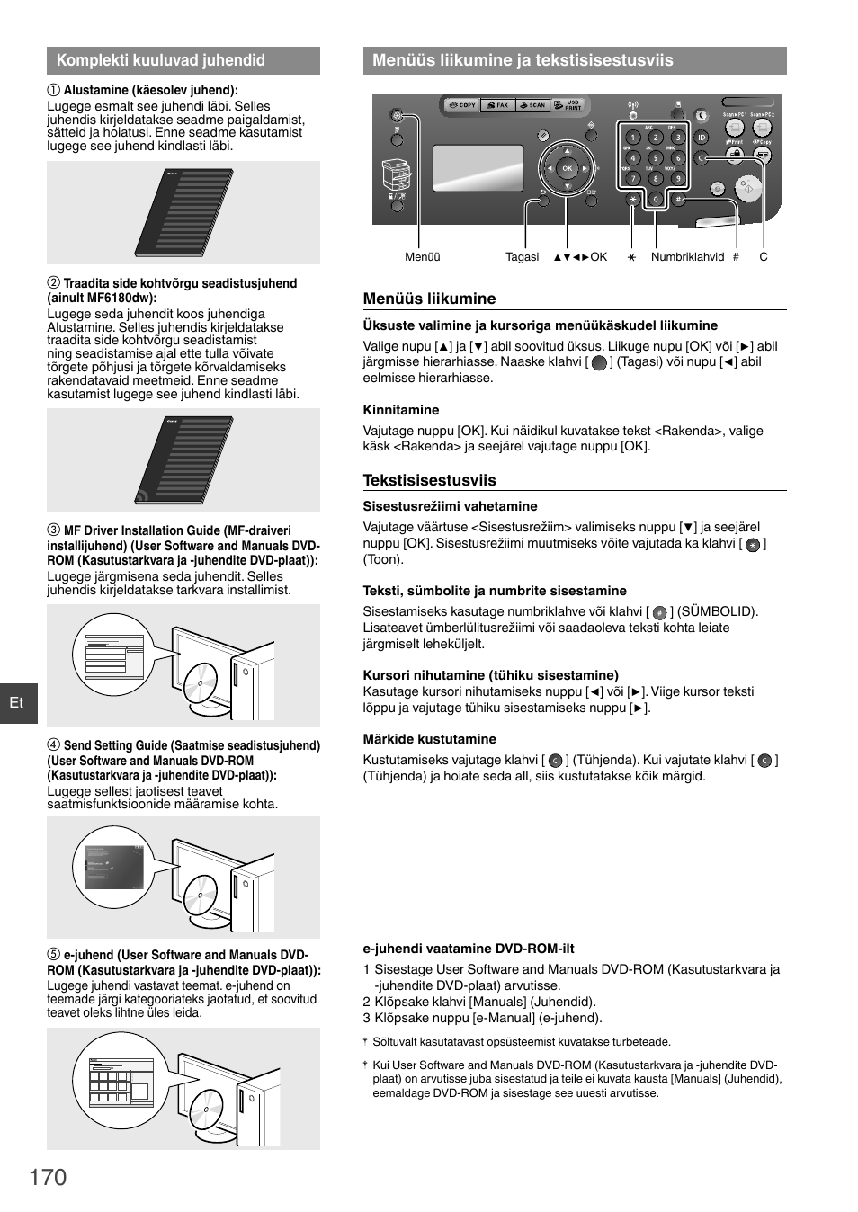 Menüüs liikumine ja tekstisisestusviis, Komplekti kuuluvad juhendid | Canon i-SENSYS MF6180dw User Manual | Page 170 / 292