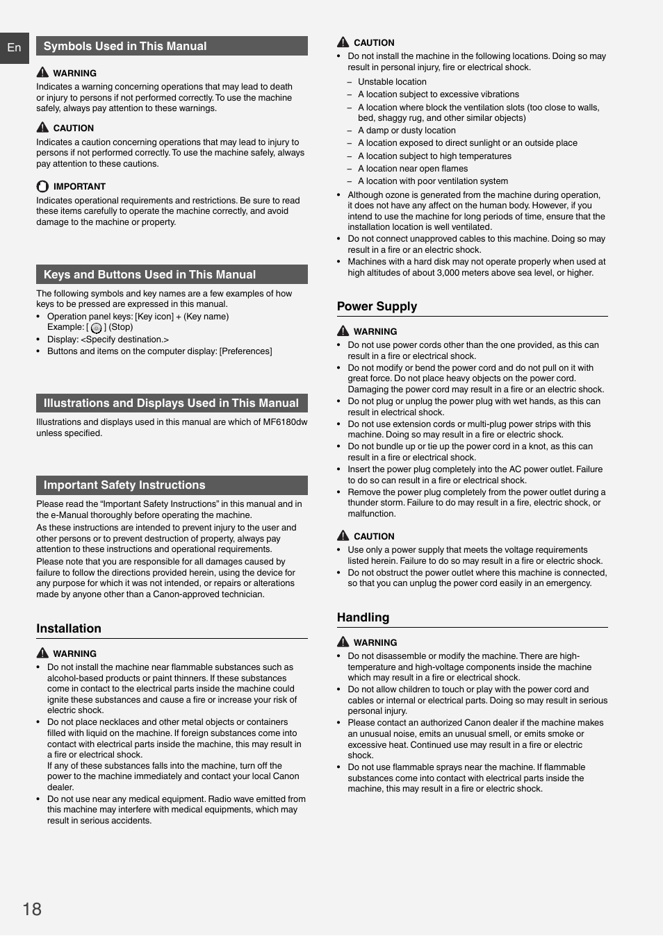 Installation, Power supply, Handling | En symbols used in this manual, Keys and buttons used in this manual, Illustrations and displays used in this manual, Important safety instructions | Canon i-SENSYS MF6180dw User Manual | Page 18 / 292