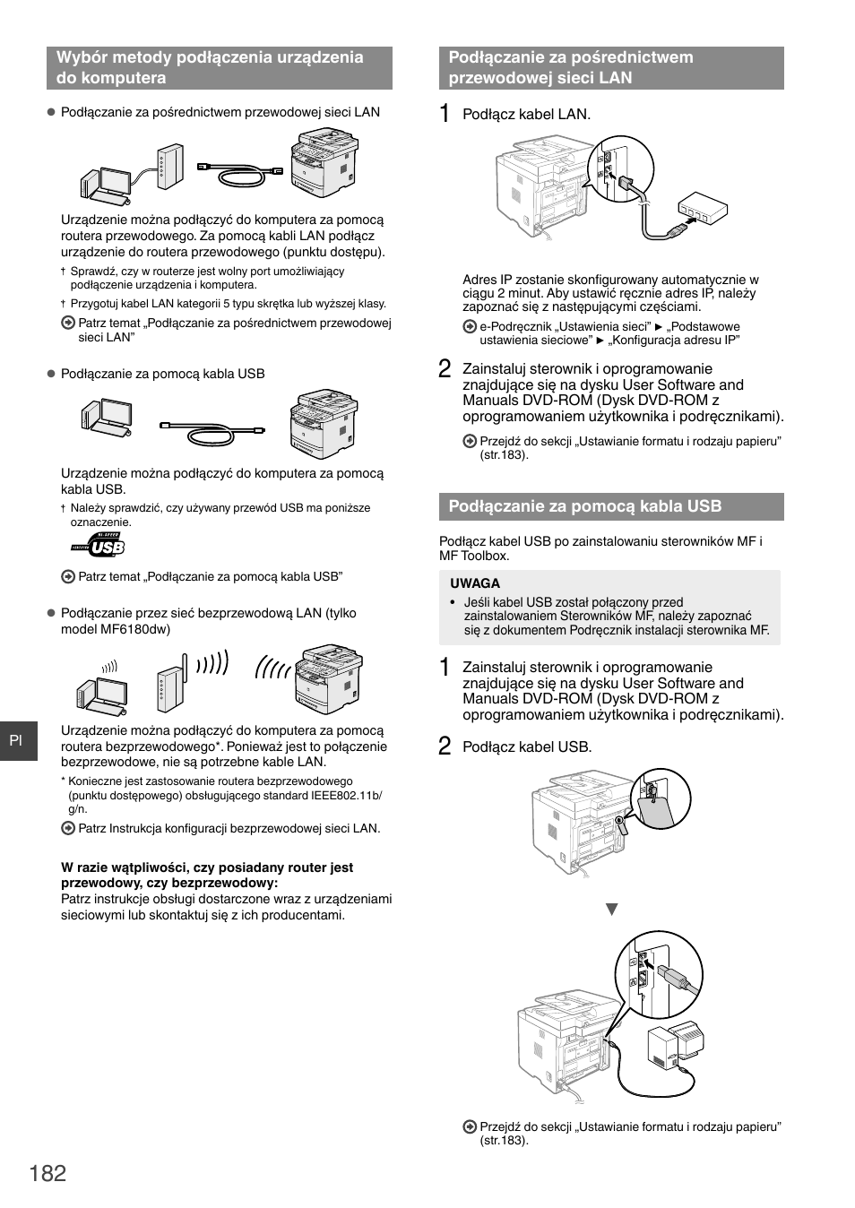 Wybór metody podłączenia urządzenia do, Komputera podłączanie za pośrednictwem | Canon i-SENSYS MF6180dw User Manual | Page 182 / 292
