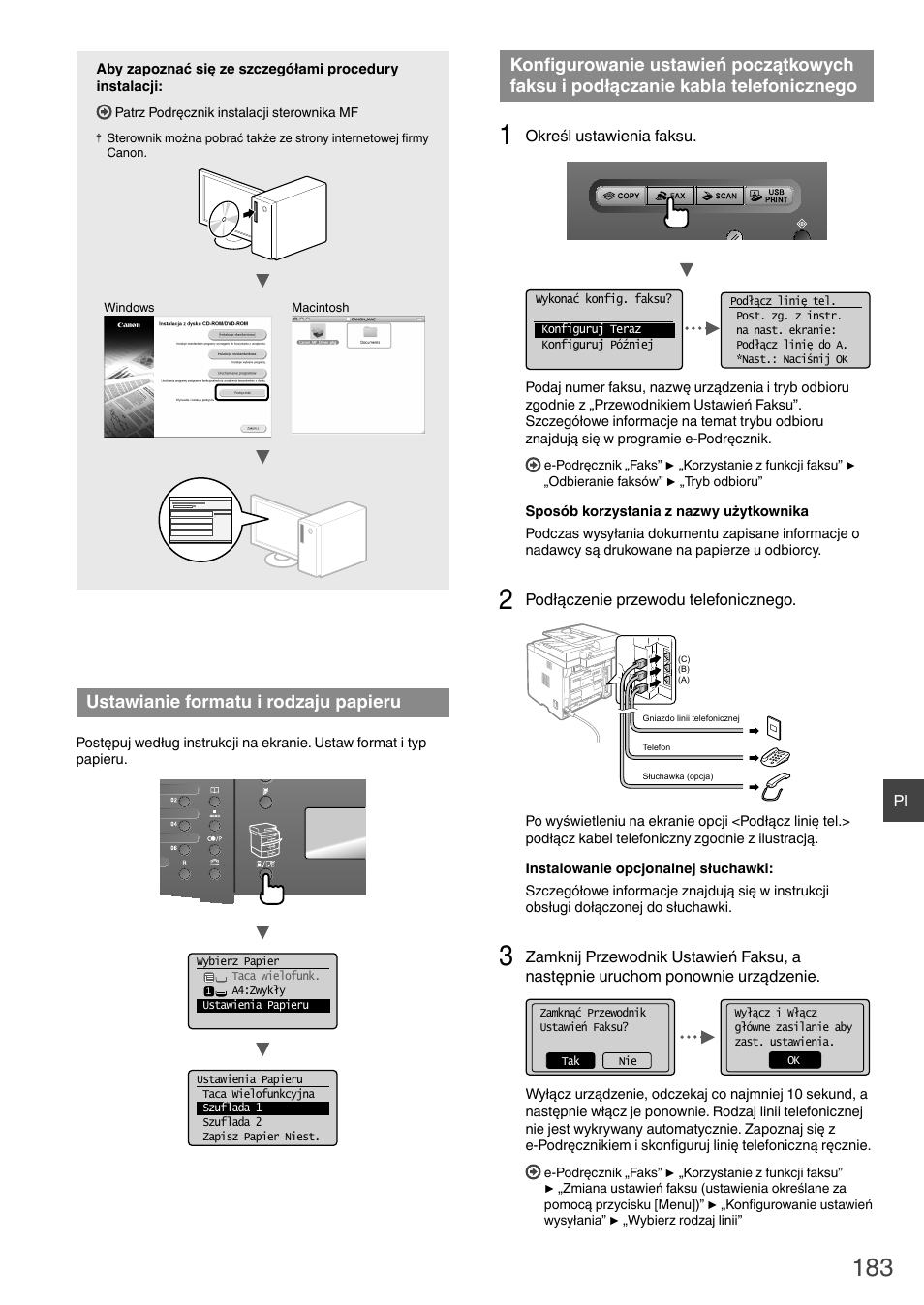 Faksu i podłączanie kabla telefonicznego, Cji „ustawianie formatu i rodzaju papieru, Ustawianie formatu i rodzaju papieru | Canon i-SENSYS MF6180dw User Manual | Page 183 / 292