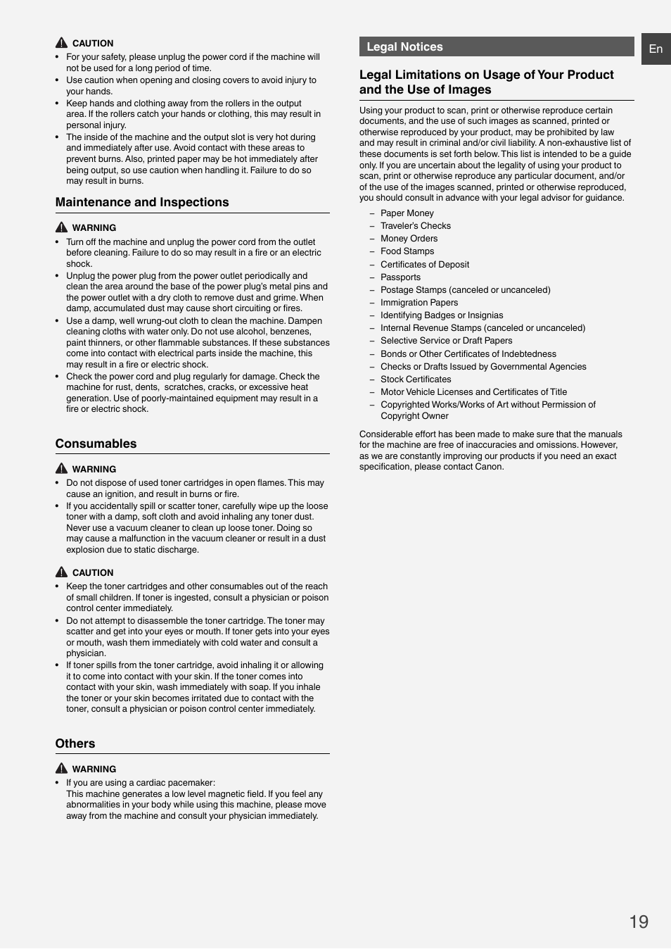 Maintenance and inspections, Consumables, Others | Legal notices | Canon i-SENSYS MF6180dw User Manual | Page 19 / 292