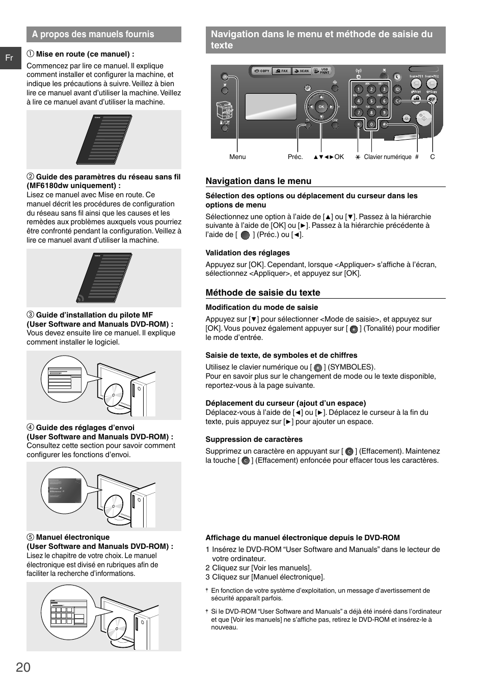 De saisie du texte, A propos des manuels fournis | Canon i-SENSYS MF6180dw User Manual | Page 20 / 292