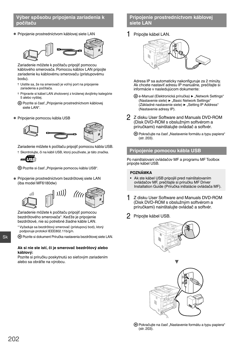 Výber spôsobu pripojenia zariadenia, K počítaču, Pripojenie prostredníctvom káblovej | Siete lan pripojenie pomocou kábla usb | Canon i-SENSYS MF6180dw User Manual | Page 202 / 292