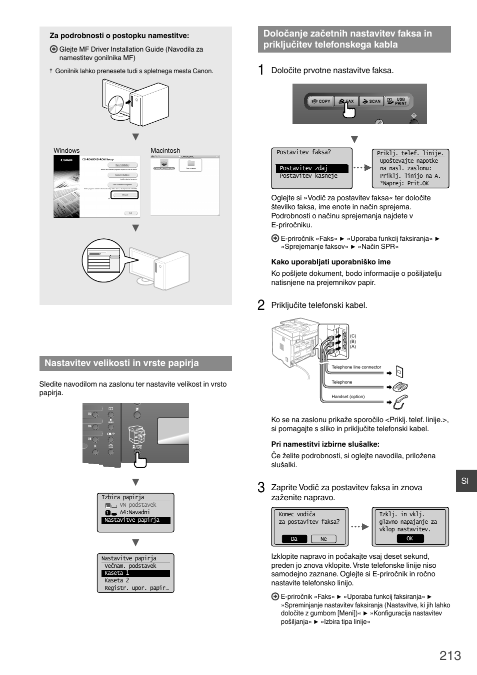 Priključitev telefonskega kabla, Nastavitev velikosti in vrste papirja | Canon i-SENSYS MF6180dw User Manual | Page 213 / 292