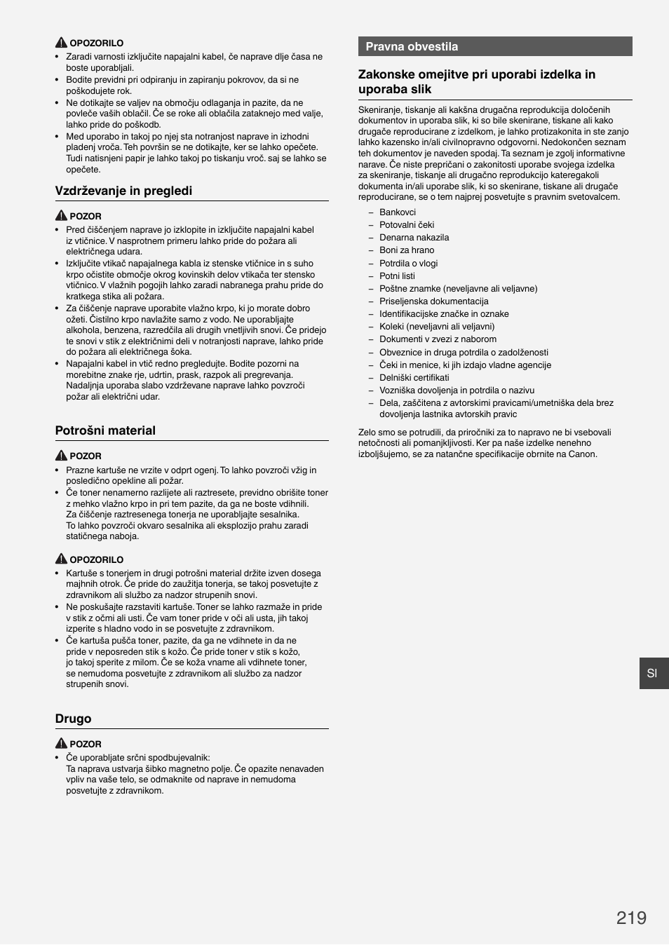 Vzdrževanje in pregledi, Potrošni material, Drugo | Pravna obvestila | Canon i-SENSYS MF6180dw User Manual | Page 219 / 292