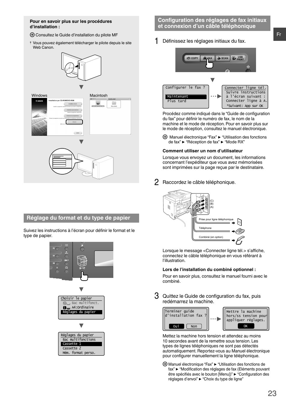 Et connexion d’un câble téléphonique, Réglage du format et du type de papier | Canon i-SENSYS MF6180dw User Manual | Page 23 / 292