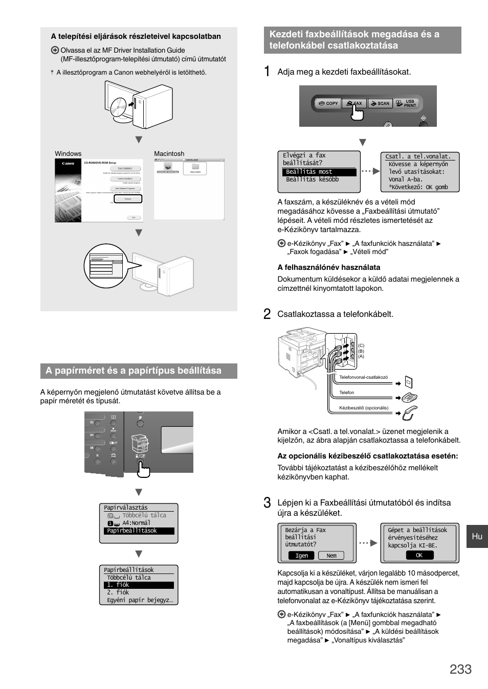 A telefonkábel csatlakoztatása, Oldal), A papírméret és a papírtípus beállítása | Canon i-SENSYS MF6180dw User Manual | Page 233 / 292