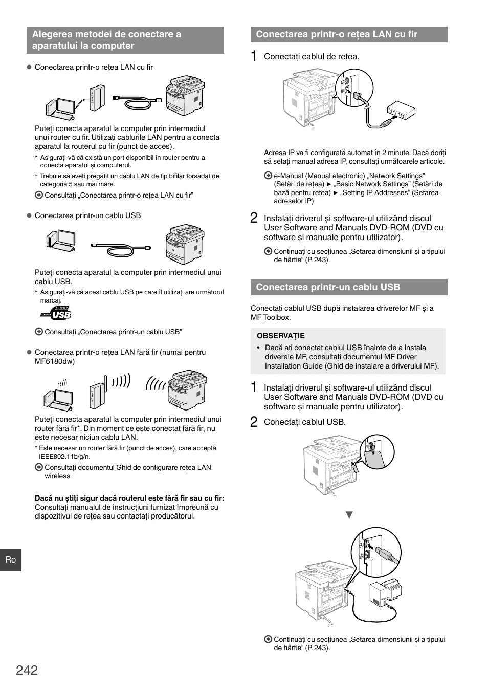 Alegerea metodei de conectare a, Conectarea printr-un cablu usb | Canon i-SENSYS MF6180dw User Manual | Page 242 / 292