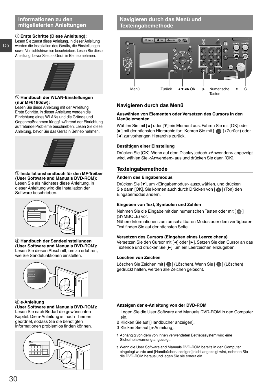 Informationen zu den mitgelieferten, Anleitungen navigieren durch das menü und, Texteingabemethode | Navigieren durch das menü und texteingabemethode, Informationen zu den mitgelieferten anleitungen | Canon i-SENSYS MF6180dw User Manual | Page 30 / 292