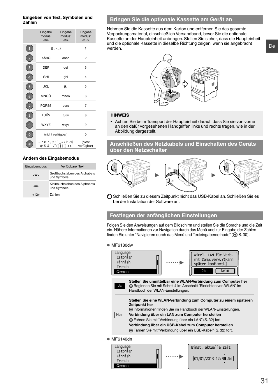Bringen sie die optionale kassette, Bringen sie die optionale kassette am gerät an, Festlegen der anfänglichen einstellungen | Canon i-SENSYS MF6180dw User Manual | Page 31 / 292