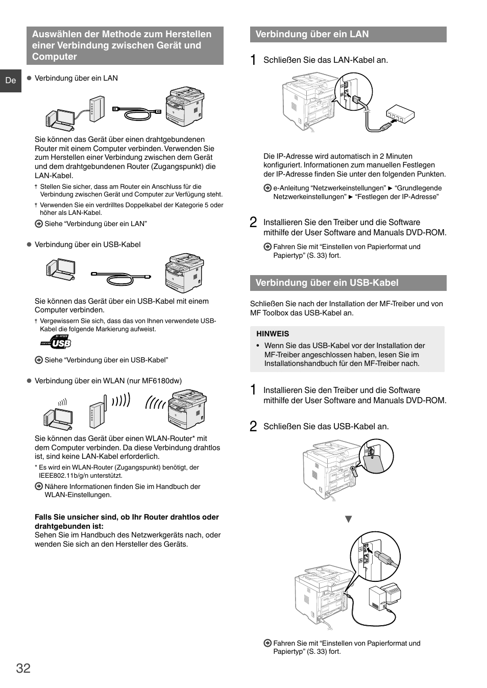 Auswählen der methode zum herstellen einer, Verbindung über ein lan, 32) f | Verbindung über ein usb-kabel | Canon i-SENSYS MF6180dw User Manual | Page 32 / 292