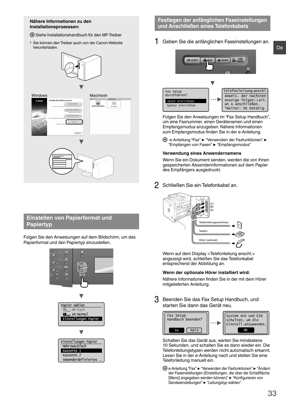 Und anschließen eines telefonkabels, En sie mit “einstellen von papierformat und, Papiertyp” (s. 33) f | Einstellen von papierformat und papiertyp | Canon i-SENSYS MF6180dw User Manual | Page 33 / 292