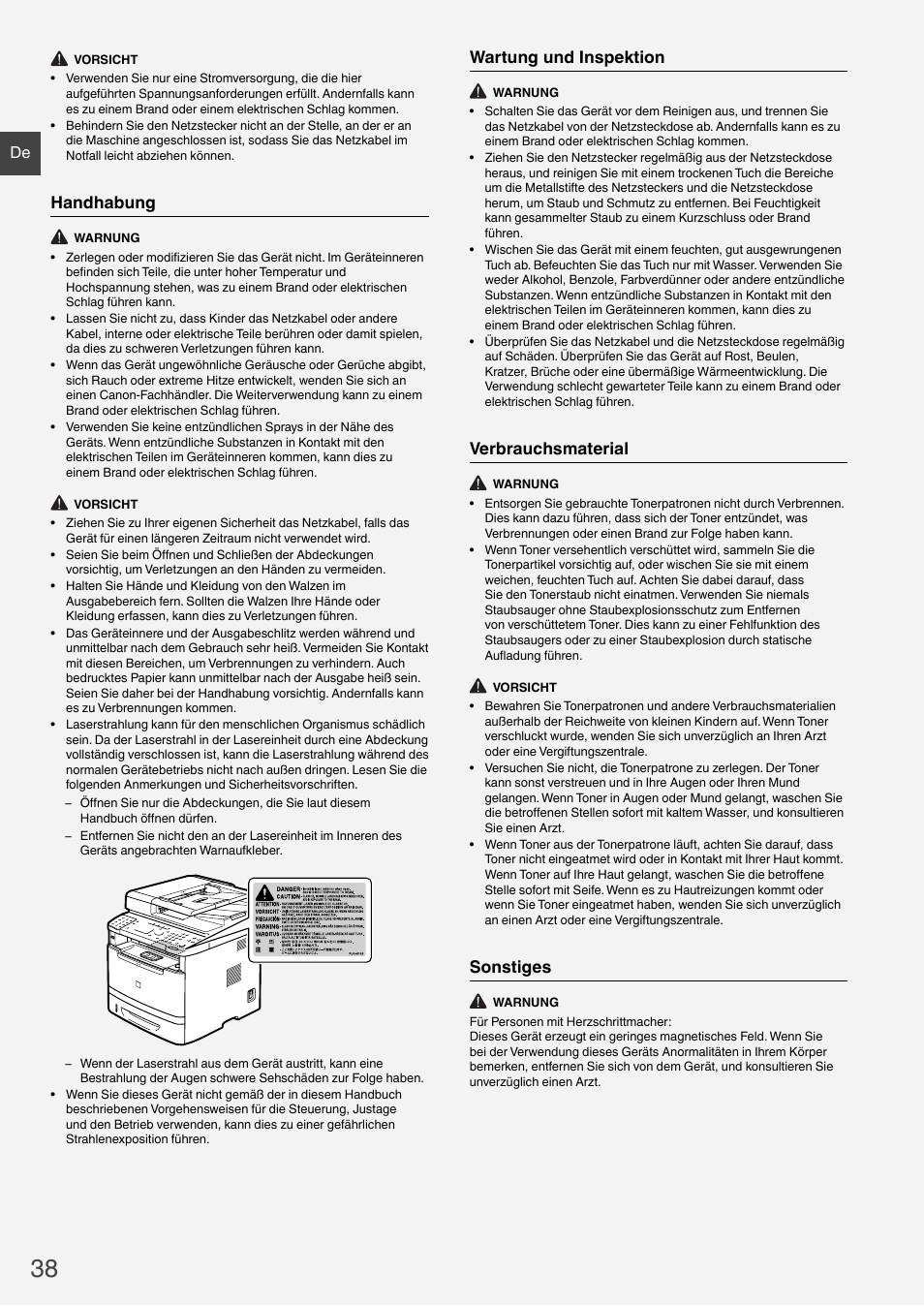 Handhabung, Wartung und inspektion, Verbrauchsmaterial | Sonstiges | Canon i-SENSYS MF6180dw User Manual | Page 38 / 292