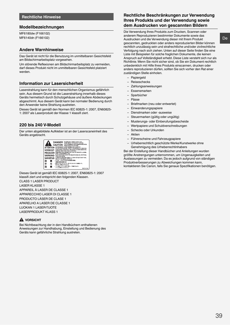 Modellbezeichnungen, Andere warnhinweise, Information zur lasersicherheit | Canon i-SENSYS MF6180dw User Manual | Page 39 / 292
