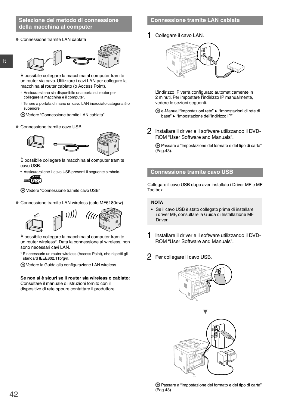 Selezione del metodo di connessione della, Connessione tramite lan cablata” (pag.42), Connessione tramite cavo usb” (pag.42) | Canon i-SENSYS MF6180dw User Manual | Page 42 / 292