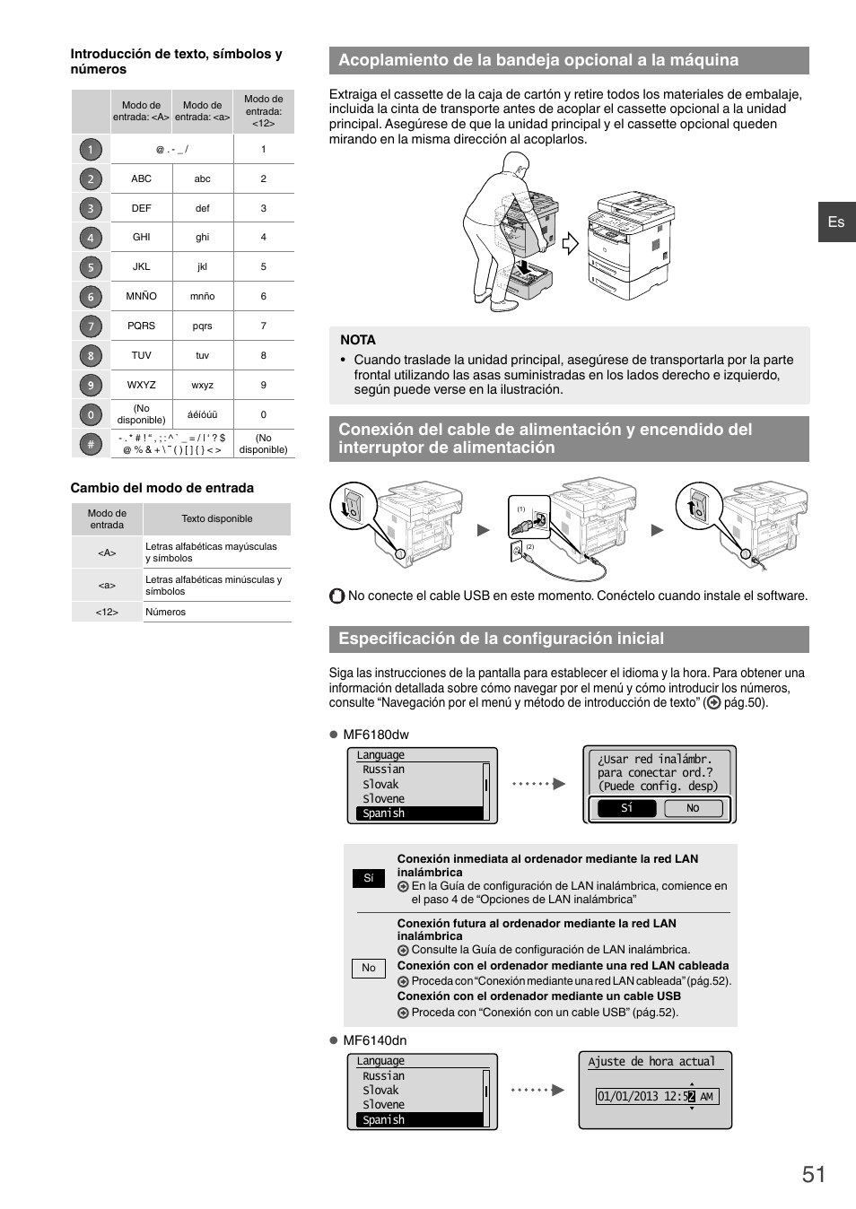 Acoplamiento de la bandeja opcional a la, Máquina conexión del cable de alimentación y, Acoplamiento de la bandeja opcional a la máquina | Especifi cación de la confi guración inicial | Canon i-SENSYS MF6180dw User Manual | Page 51 / 292