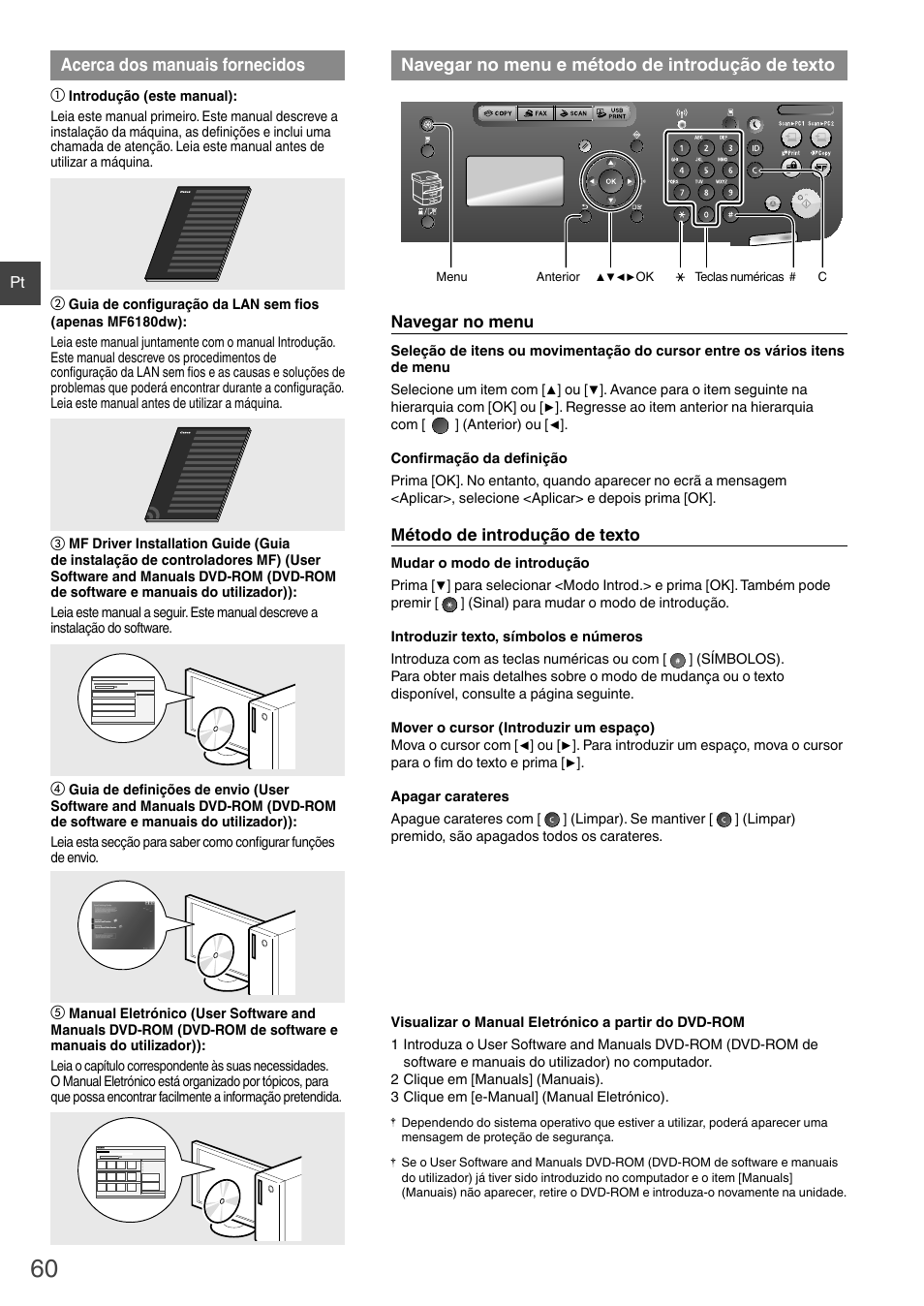 De texto, Navegar no menu e método de introdução de texto, Acerca dos manuais fornecidos | Canon i-SENSYS MF6180dw User Manual | Page 60 / 292