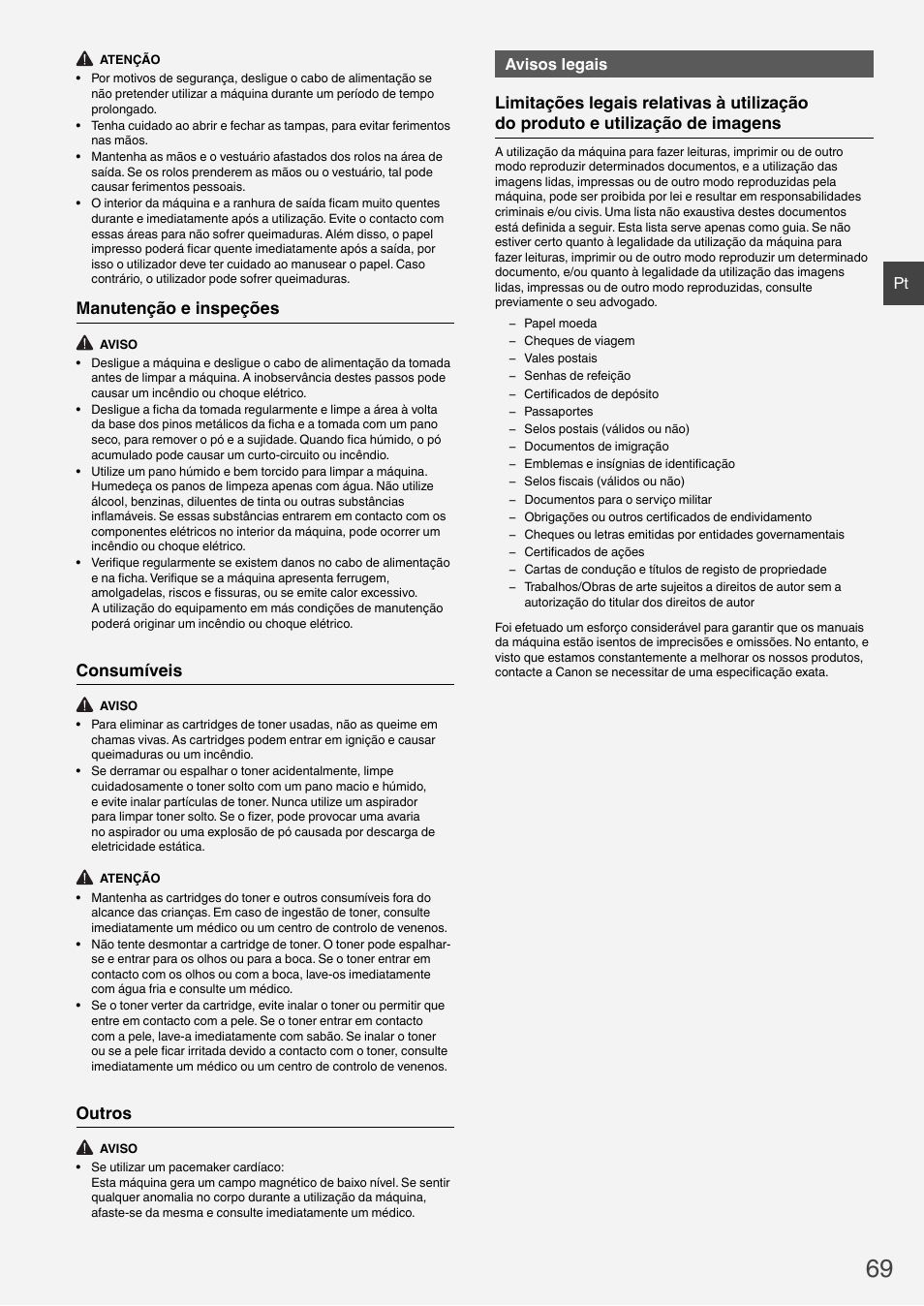 Manutenção e inspeções, Consumíveis, Outros | Avisos legais | Canon i-SENSYS MF6180dw User Manual | Page 69 / 292