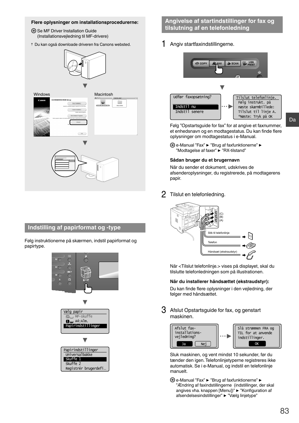 Tilslutning af en telefonledning, Indstilling af papirformat og -type | Canon i-SENSYS MF6180dw User Manual | Page 83 / 292