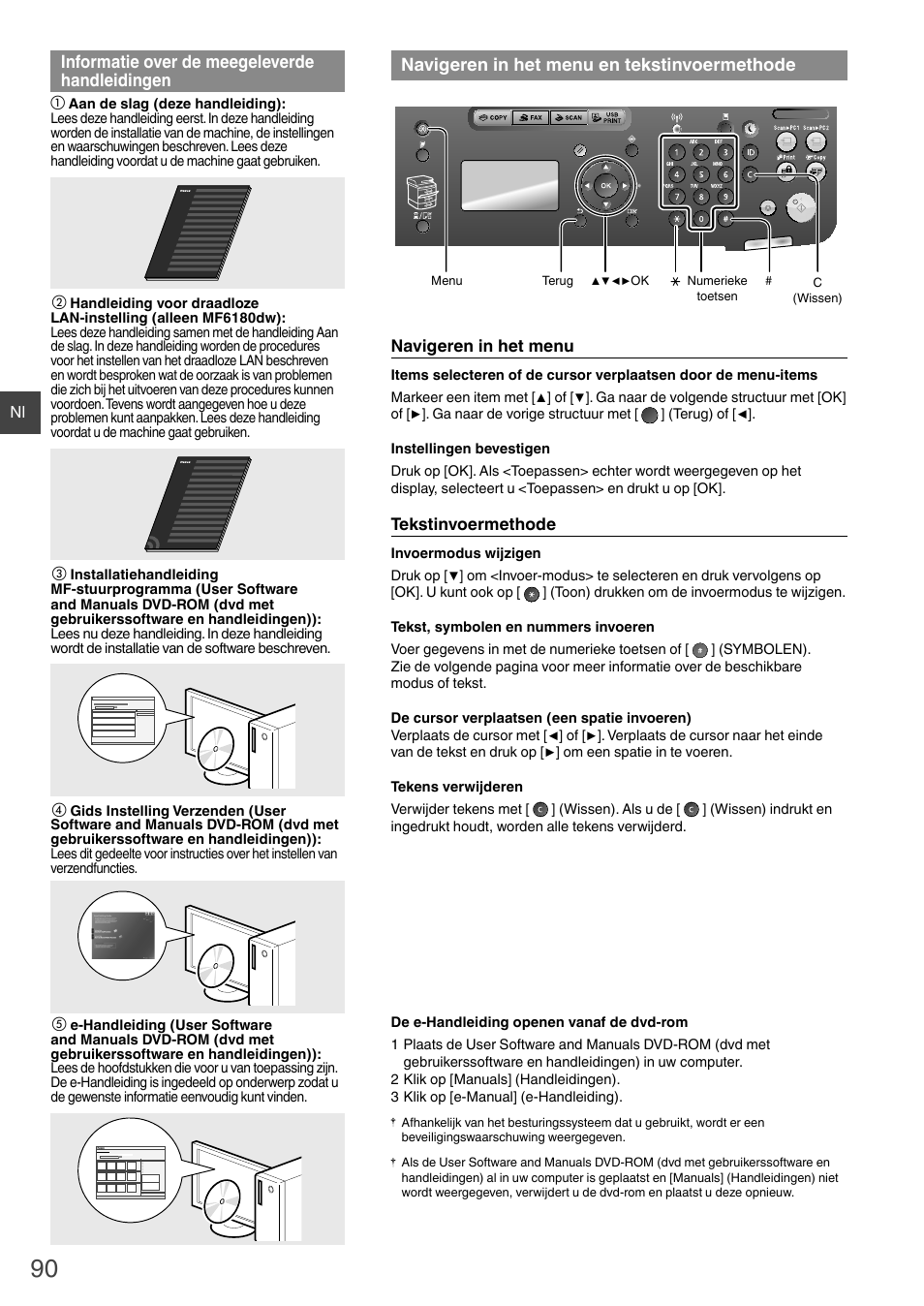 Informatie over de meegeleverde, Handleidingen navigeren in het menu en, Tekstinvoermethode | Navigeren in het menu en tekstinvoermethode, Informatie over de meegeleverde handleidingen, Navigeren in het menu | Canon i-SENSYS MF6180dw User Manual | Page 90 / 292