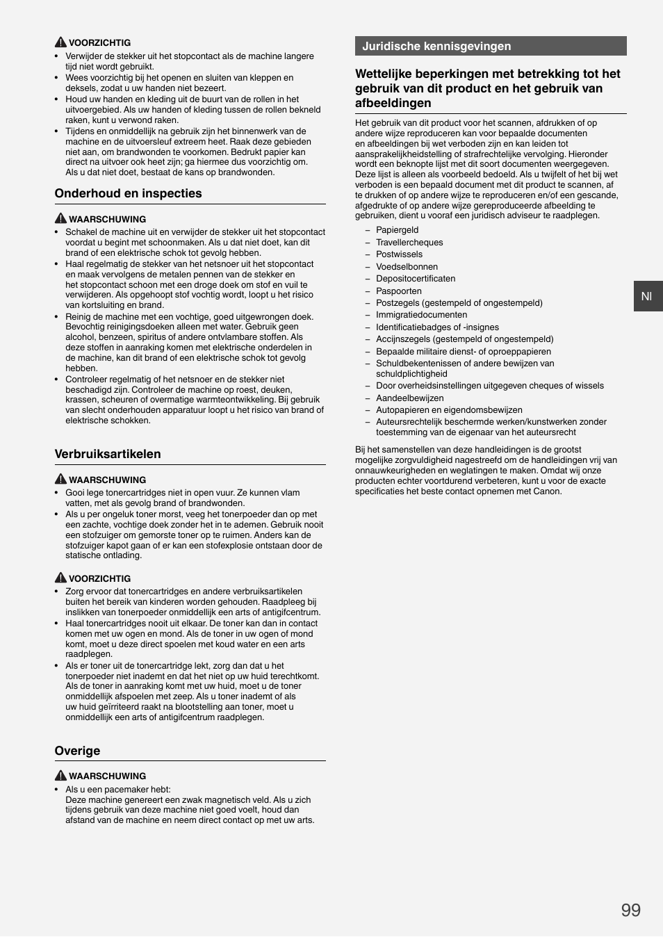 Onderhoud en inspecties, Verbruiksartikelen, Overige | Juridische kennisgevingen | Canon i-SENSYS MF6180dw User Manual | Page 99 / 292
