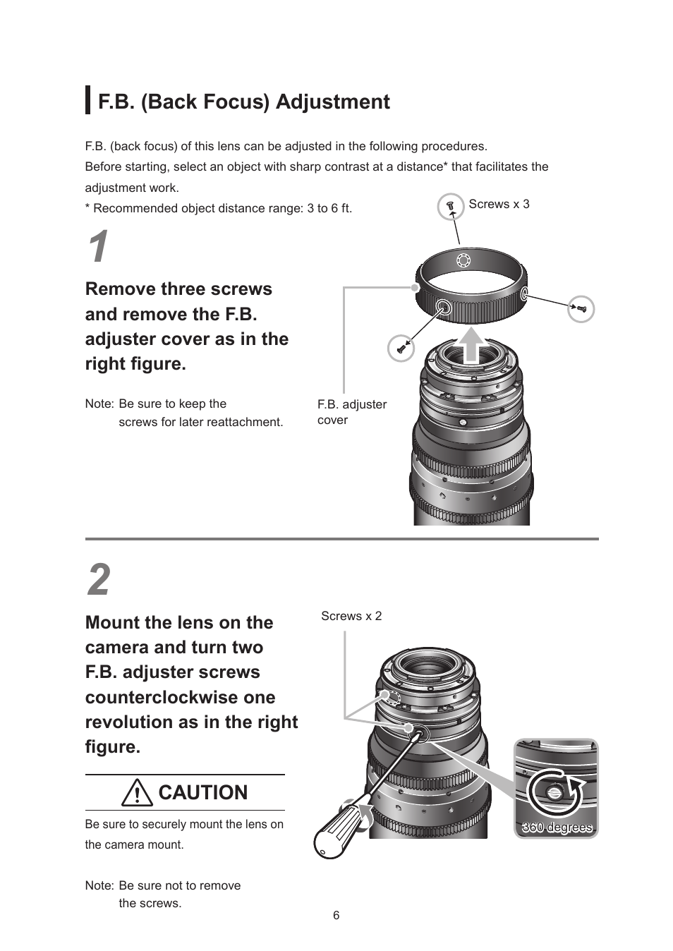 F.b. (back focus) adjustment, Caution | Canon CN-E14.5-60mm T2.6 L S User Manual | Page 19 / 41