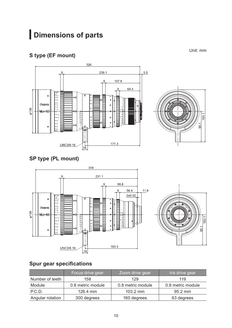 Dimensions of parts | Canon CN-E14.5-60mm T2.6 L S User Manual | Page 23 / 41