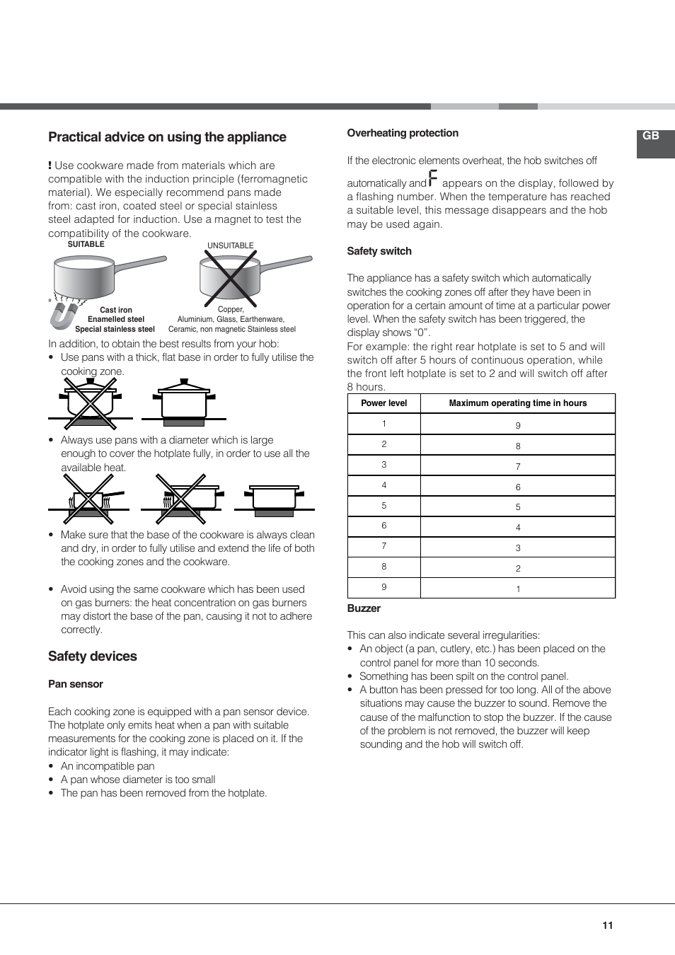 Practical advice on using the appliance, Safety devices | Hotpoint Ariston KIC 631 C  EU User Manual | Page 11 / 80