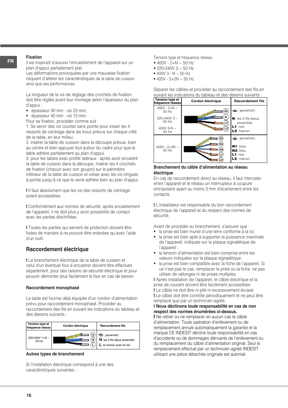 Raccordement électrique | Hotpoint Ariston KIC 631 C  EU User Manual | Page 16 / 80