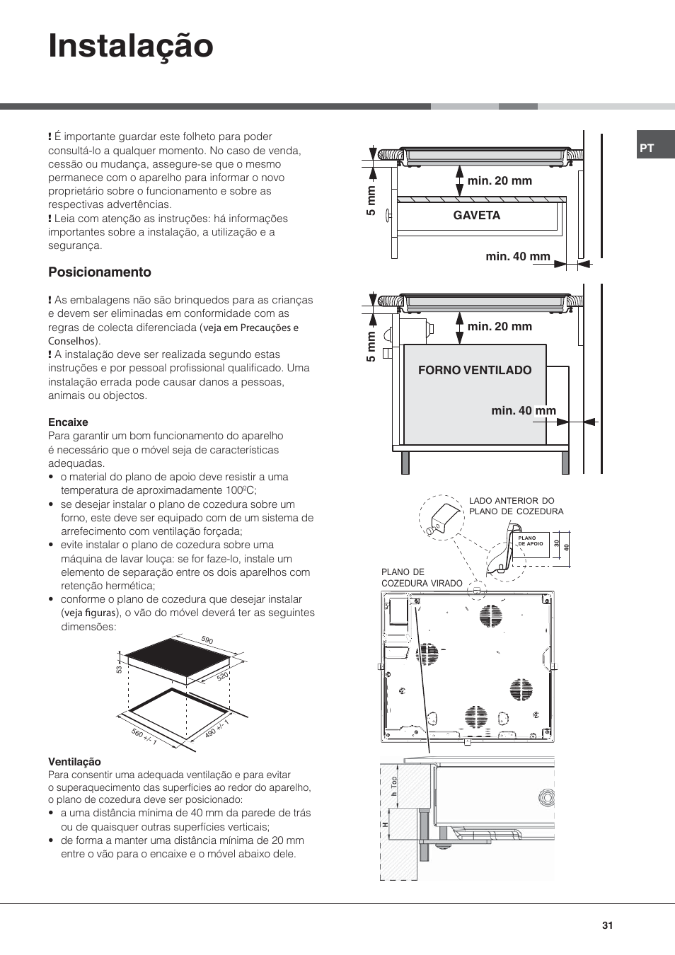 Instalação, Posicionamento | Hotpoint Ariston KIC 631 C  EU User Manual | Page 31 / 80