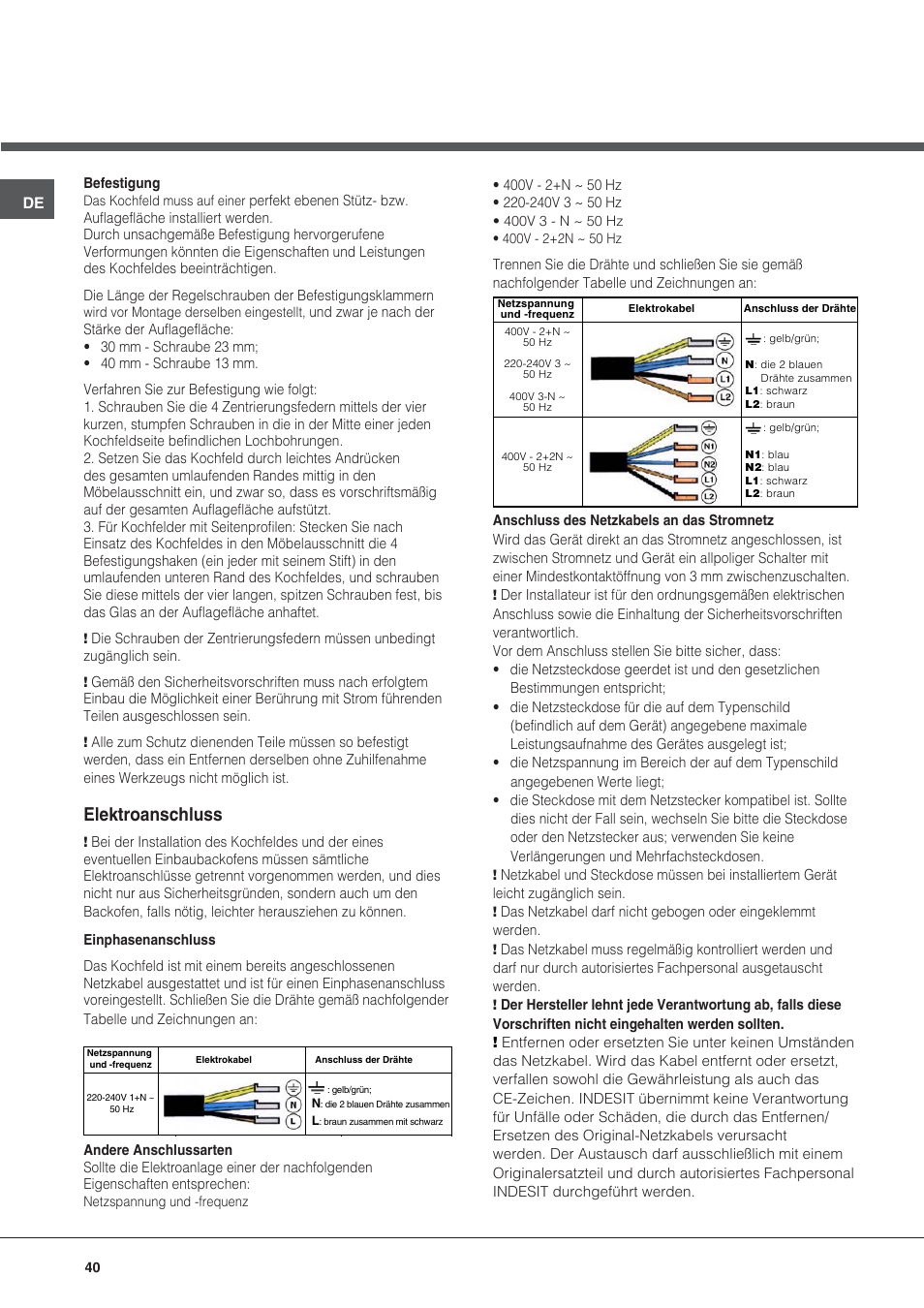 Elektroanschluss | Hotpoint Ariston KIC 631 C  EU User Manual | Page 40 / 80