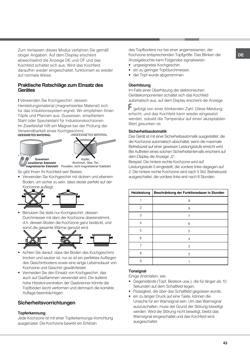 Praktische ratschläge zum einsatz des gerätes, Sicherheitsvorrichtungen | Hotpoint Ariston KIC 631 C  EU User Manual | Page 43 / 80