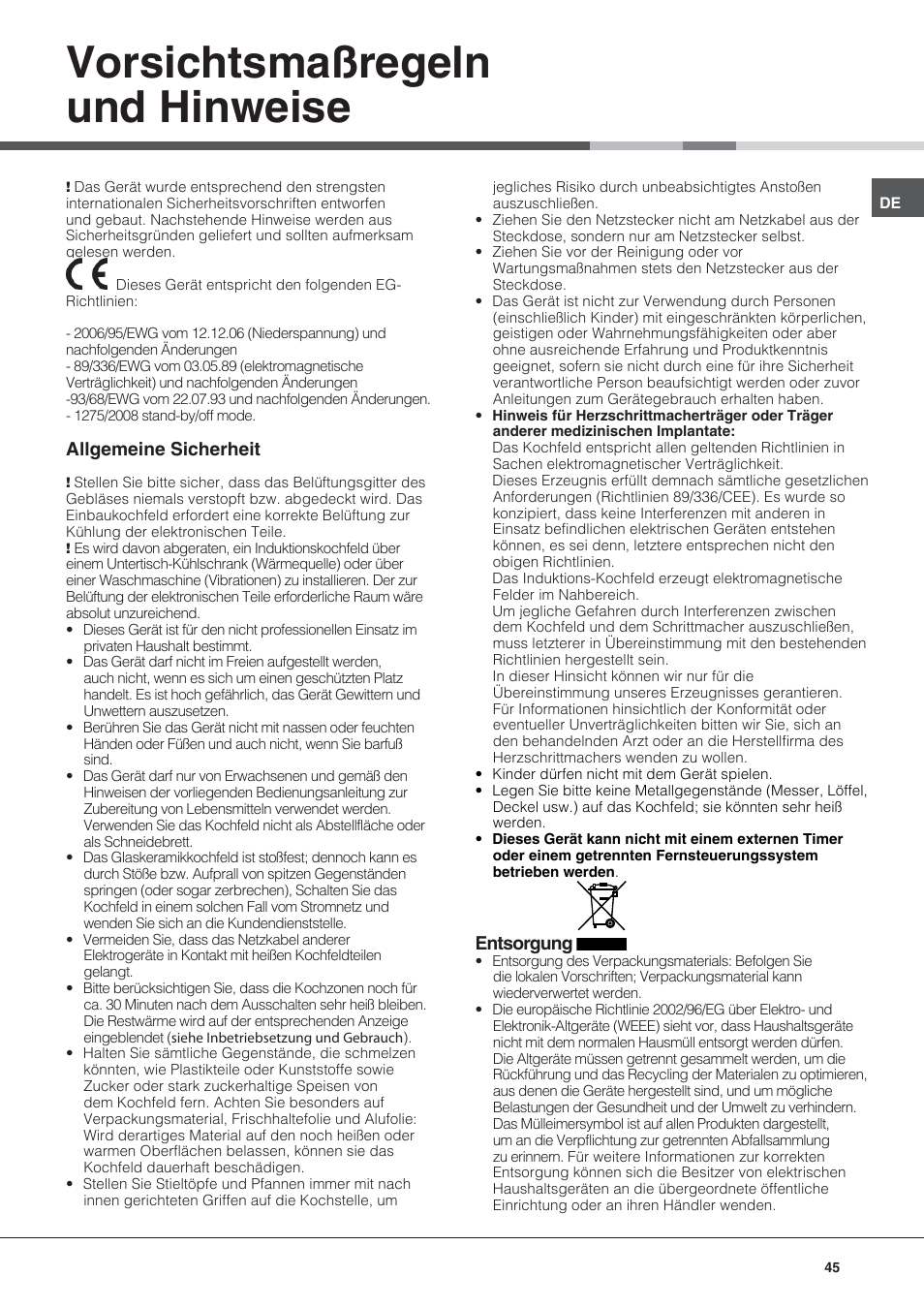 Vorsichtsmaßregeln und hinweise, Allgemeine sicherheit, Entsorgung | Hotpoint Ariston KIC 631 C  EU User Manual | Page 45 / 80
