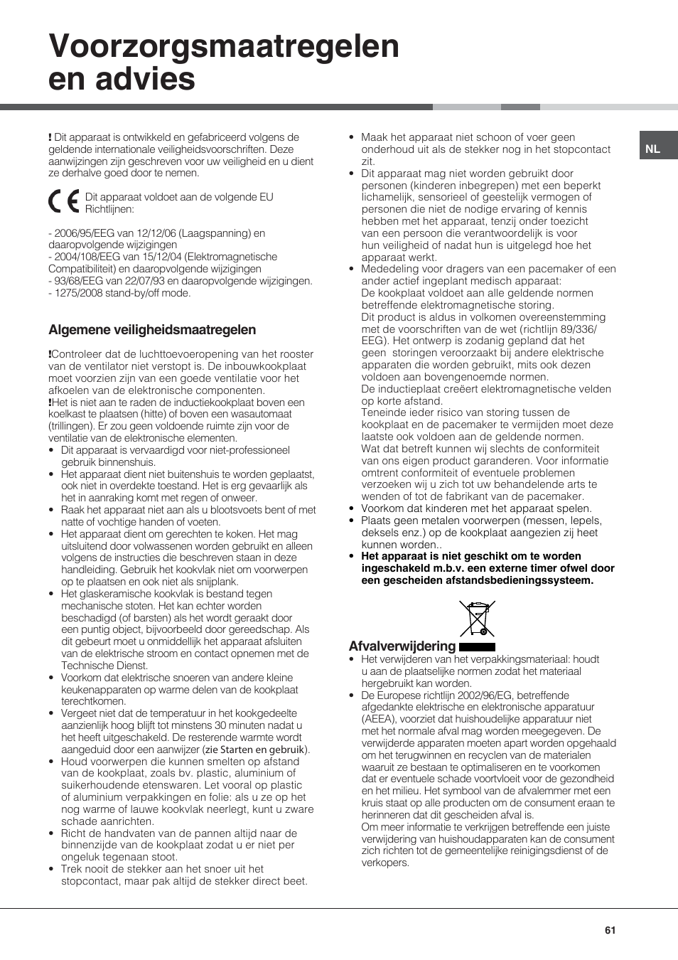 Voorzorgsmaatregelen en advies, Algemene veiligheidsmaatregelen, Afvalverwijdering | Hotpoint Ariston KIC 631 C  EU User Manual | Page 61 / 80