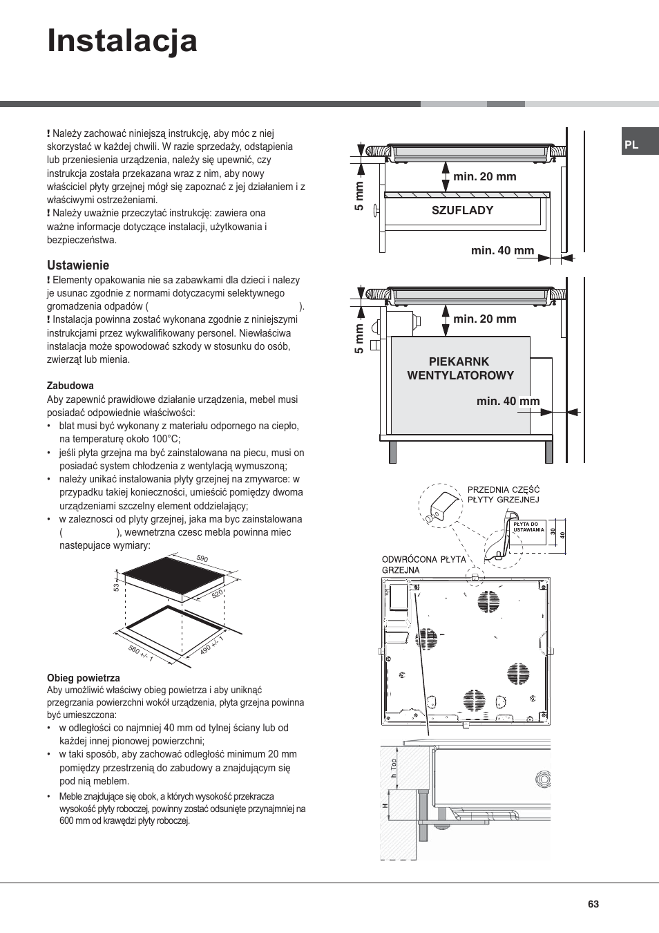 Instalacja, Ustawienie | Hotpoint Ariston KIC 631 C  EU User Manual | Page 63 / 80