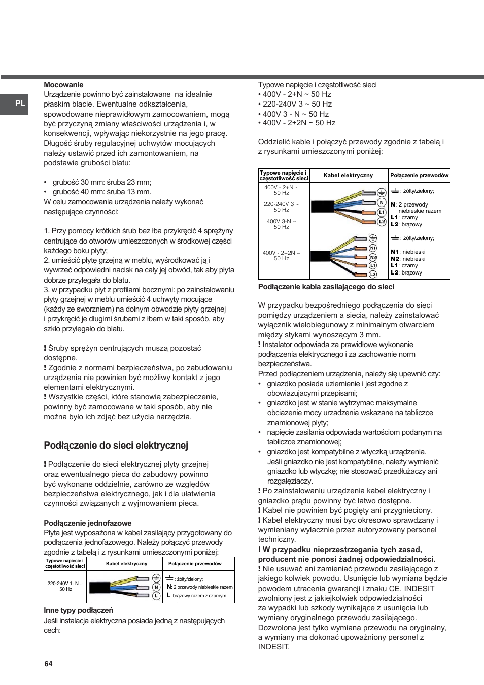 Podłączenie do sieci elektrycznej | Hotpoint Ariston KIC 631 C  EU User Manual | Page 64 / 80