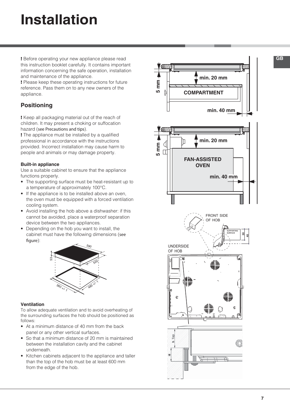 Installation, Positioning | Hotpoint Ariston KIC 631 C  EU User Manual | Page 7 / 80
