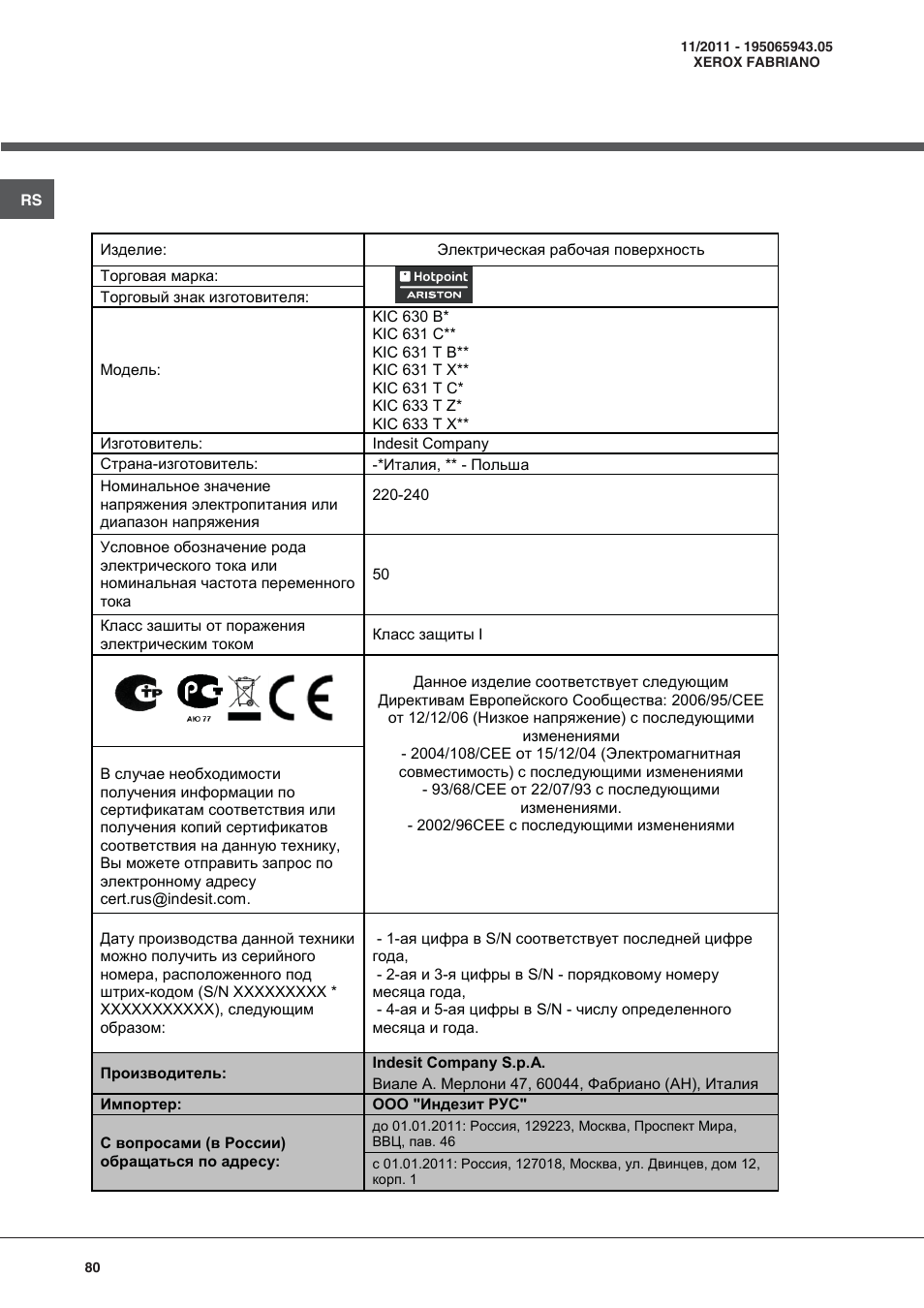 Hotpoint Ariston KIC 631 C  EU User Manual | Page 80 / 80