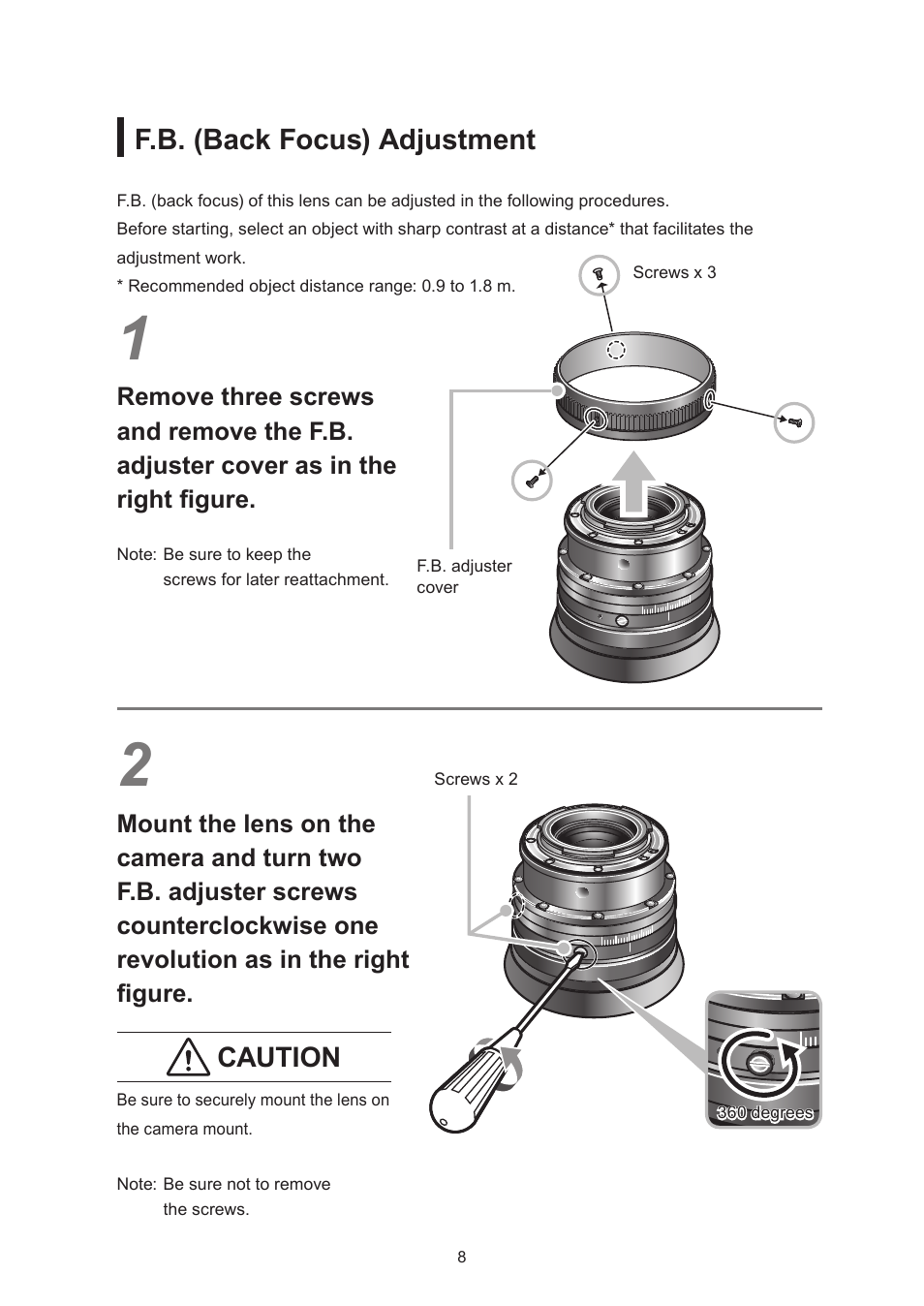 F.b. (back focus) adjustment, Caution | Canon CN-E15.5-47mm T2.8 L SSP User Manual | Page 21 / 43