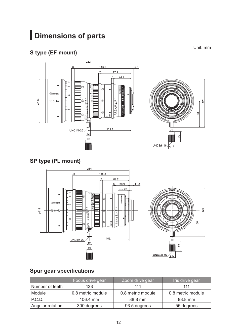 Dimensions of parts | Canon CN-E15.5-47mm T2.8 L SSP User Manual | Page 25 / 43