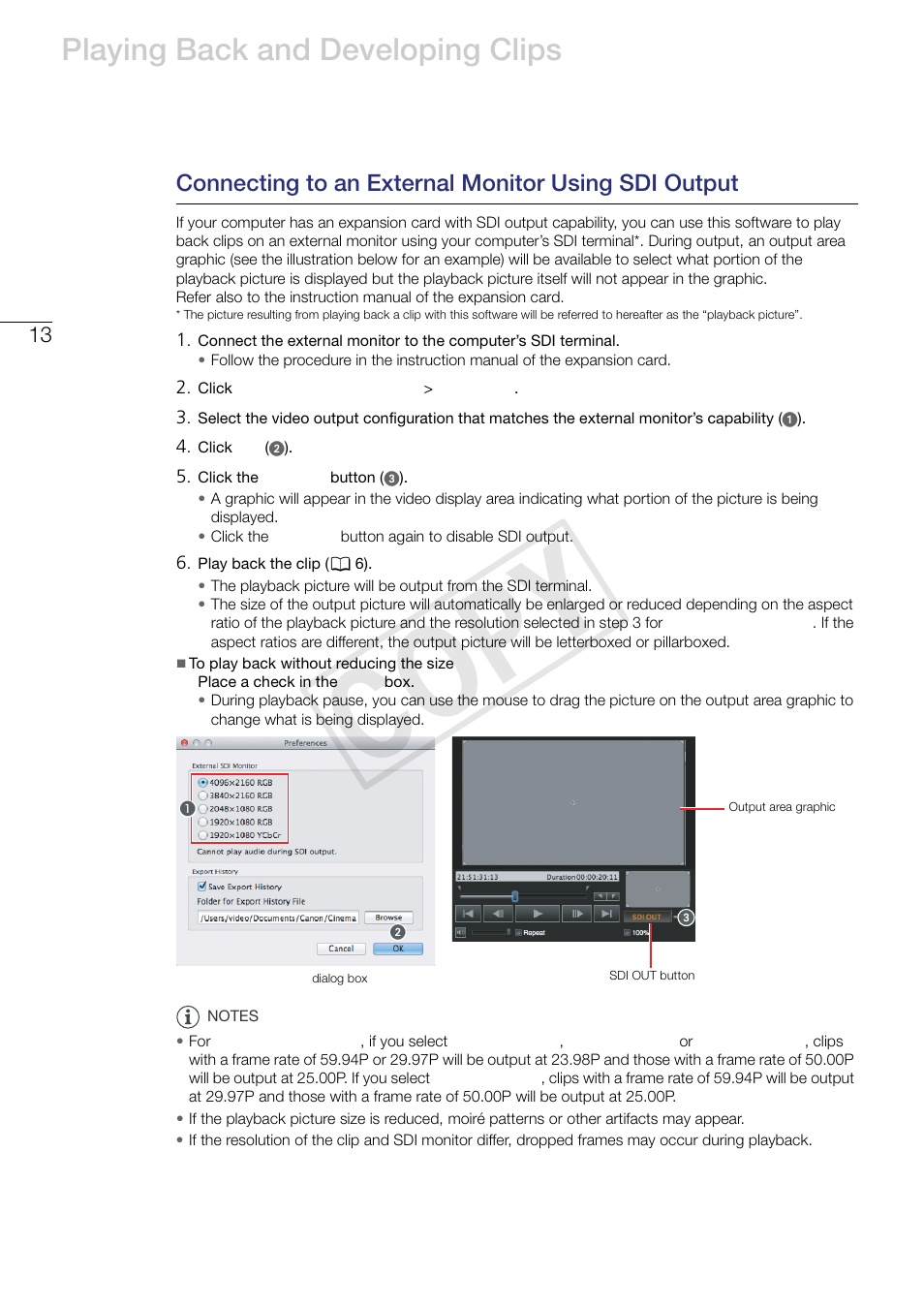 Connecting to an external monitor using sdi output, Cop y, Playing back and developing clips | Canon EOS C500 PL User Manual | Page 13 / 24