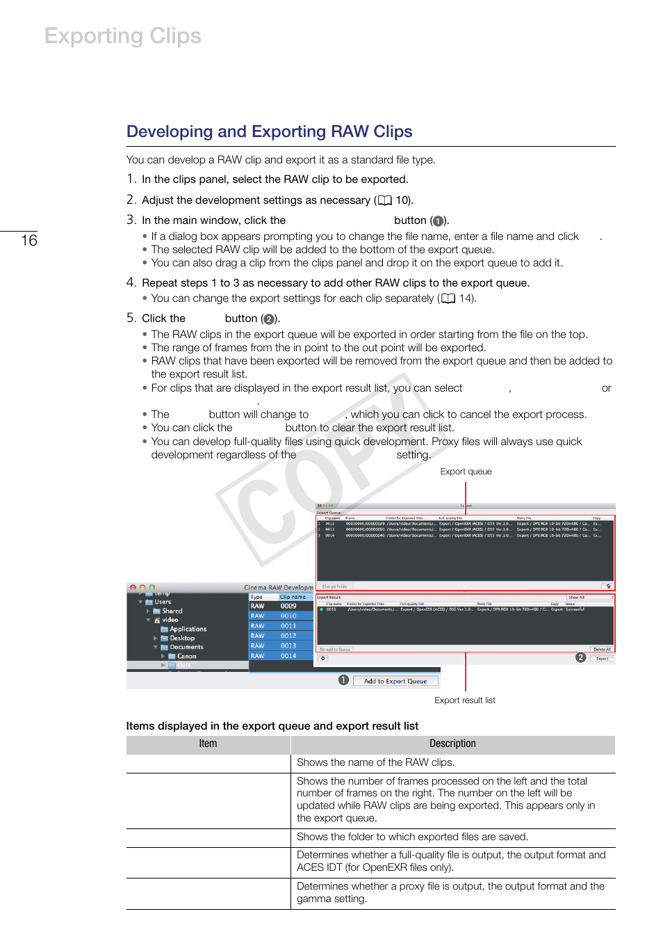 Developing and exporting raw clips, Cop y, Exporting clips | Canon EOS C500 PL User Manual | Page 16 / 24