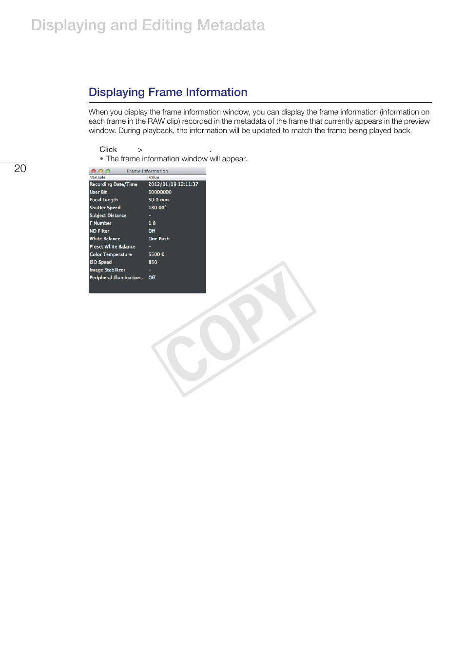 Displaying frame information, Cop y | Canon EOS C500 PL User Manual | Page 20 / 24