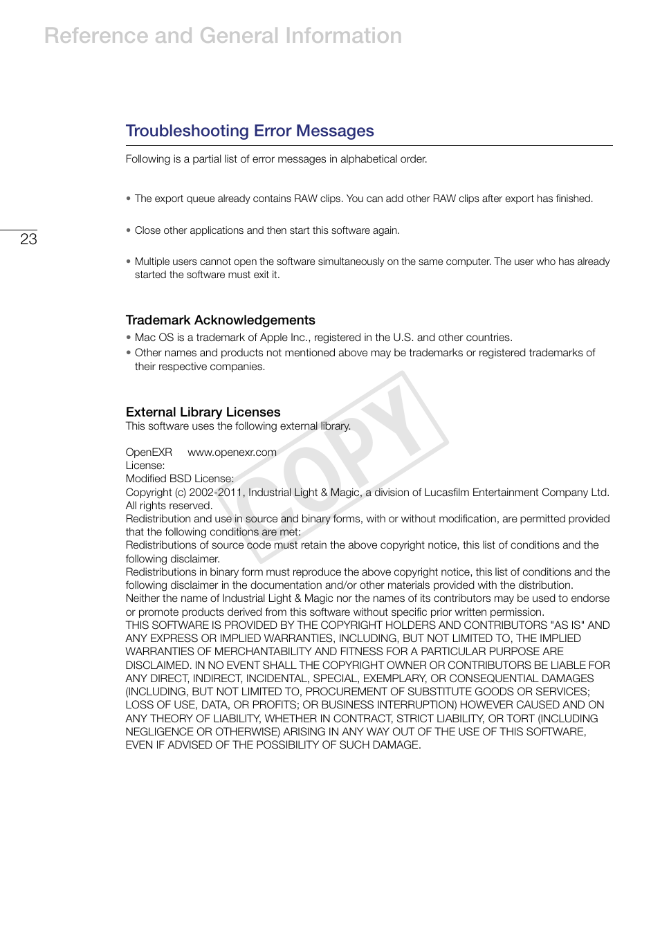 Troubleshooting error messages, Cop y, Reference and general information | Canon EOS C500 PL User Manual | Page 23 / 24